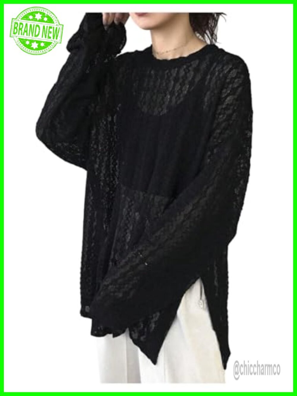 Oversized Lace Long Sleeve Sheer Top Drop Shoulder Split Hem T-Shirt
